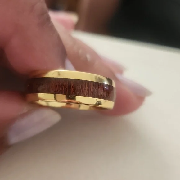Tungsten Carbide Yellow Gold Plated Ring With Koa Wood Inlay